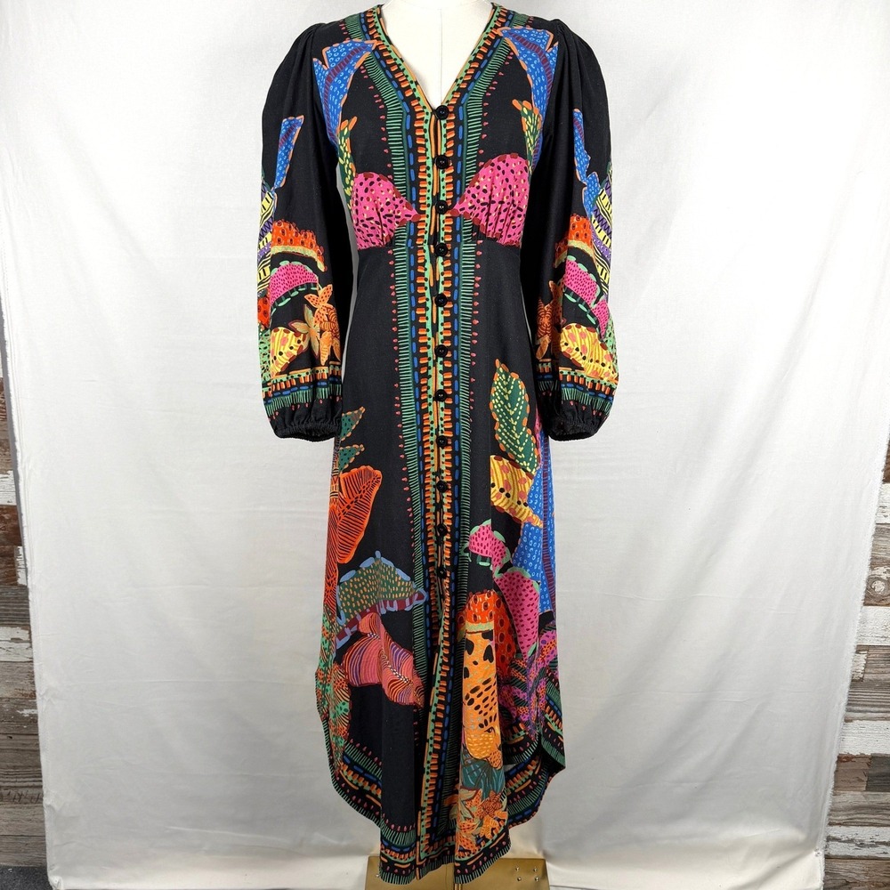 NWOT Farm Rio Black Cool Leopards Maxi Dress Linen Blend Size M Boho Maximalist - Picture 3 of 12